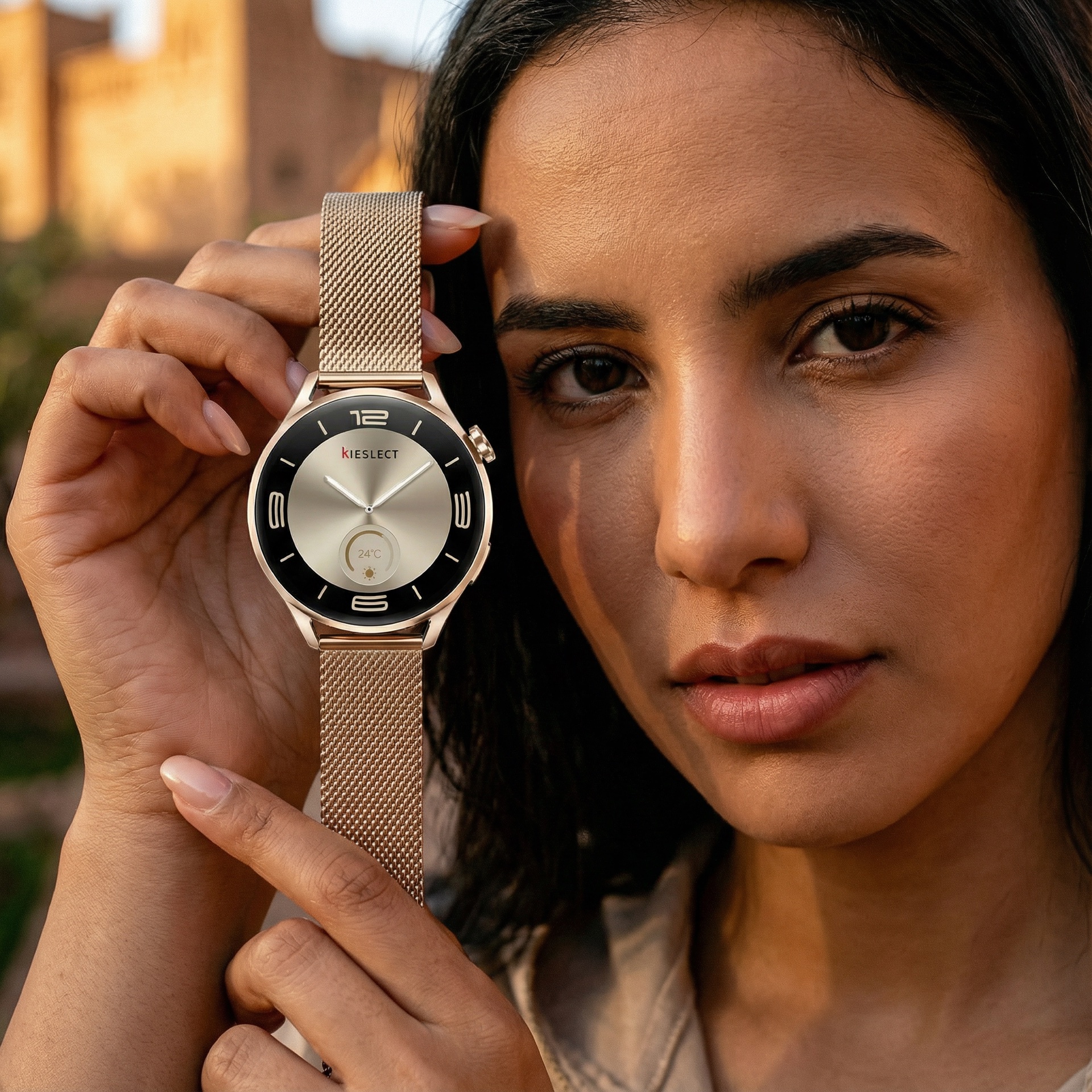 Keselect campaign — woman holding watch at Moroccan sunset